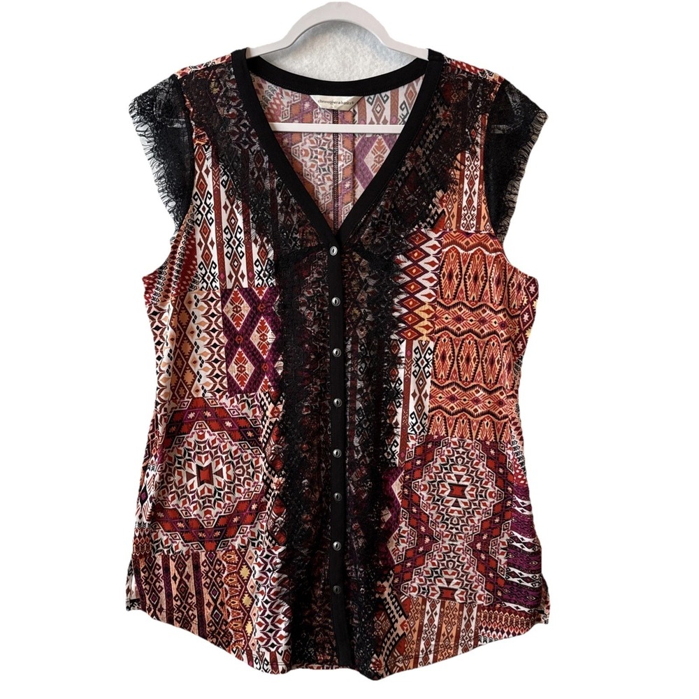 Christopher & Banks Aztec Stretch Lace Accent Cap‎ Sleeve Top L Boho Chic Art